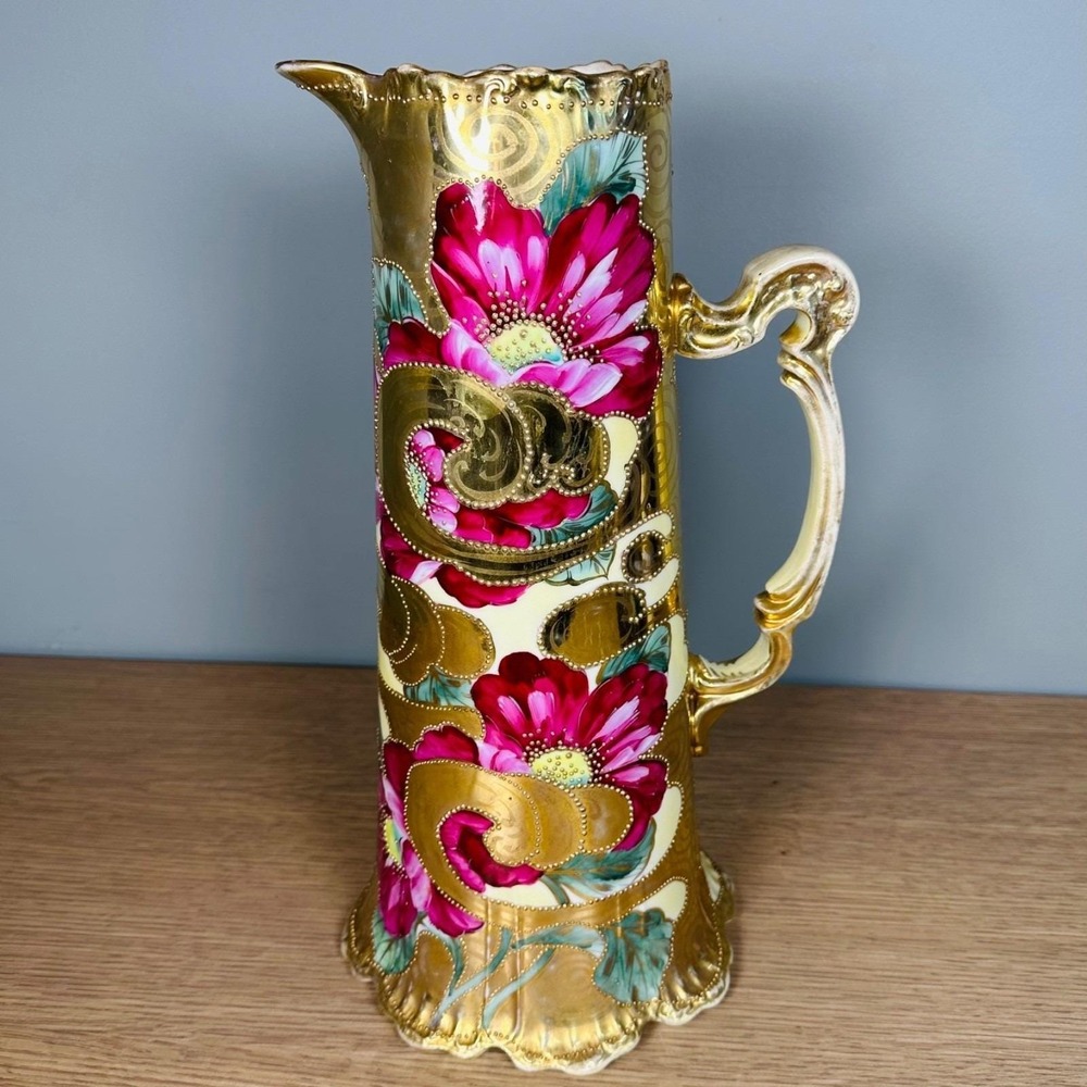 Antique Royal Kinran Nippon 14.25" Tankard Pitcher Gold Moriage Art Nouveau 1905